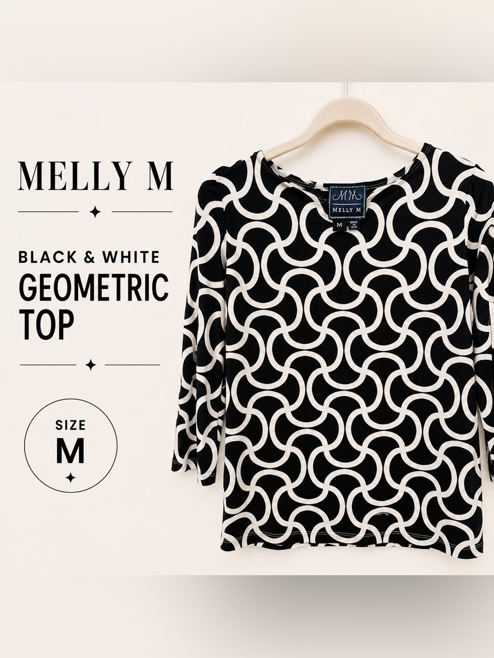 Melly M Black & White Swirl Geometric Long Sleeve Top